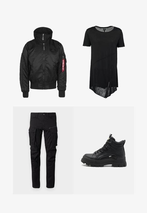 Zwarte bomberjack met capuchon, voorzien van een rits aan de voorkant, geribbelde manchetten en een logo-opdruk. Inclusief een rode tag op de mouw voor een extra detail.; Zwart T-shirt met korte mouwen en ronde hals, asymmetrische zoom, doorschijnende textuur en een zijrits detail. Zacht, lichtgewicht stof.; Zwarte cargobroek gemaakt van duurzaam materiaal, met meerdere zijzakken, een ritszak, taps toelopende benen en versterkte stiksels.; Zwarte hoge schoenen van gestructureerd leer, met een dikke rubberen zool, vetersluiting aan de voorkant en een klein logo detail aan de zijkant.