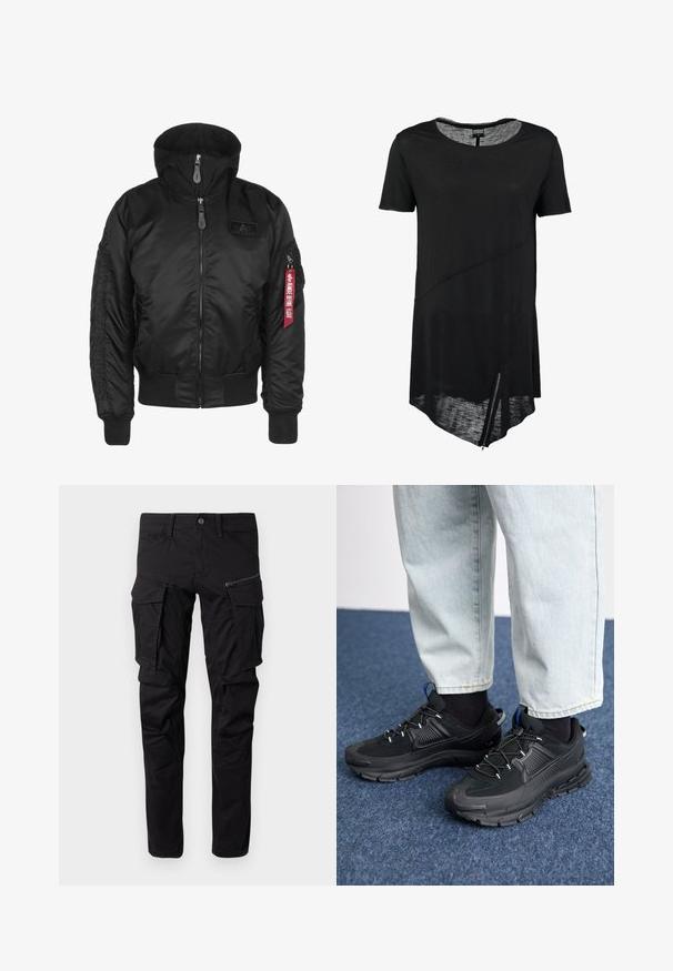 Zwarte bomberjack met capuchon, voorzien van een rits aan de voorkant, geribbelde manchetten en een logo-opdruk. Inclusief een rode tag op de mouw voor een extra detail.; Zwart T-shirt met korte mouwen en ronde hals, asymmetrische zoom, doorschijnende textuur en een zijrits detail. Zacht, lichtgewicht stof.; Zwarte cargobroek gemaakt van duurzaam materiaal, met meerdere zijzakken, een ritszak, taps toelopende benen en versterkte stiksels.; Zwarte sportschoenen met gestructureerde stof en rubberen zolen, met elastische veters en een blauwe accent op de hiel. Draag samen met lichte spijkerbroeken.