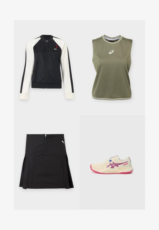 Sort og hvid lynlåstrøje med lange ærmer, ribstrikkede ærmeafslutninger samt små røde hjerte- og lagerkranslogoer på venstre bryst.; Ærmeløs olivengrøn sports-top med hvidt Asics-logo centreret på brystet, hvidstribet rund halsudskæring og kant.; Sort atletisk nederdel med lynlås foran og plisserede sider, med en hvid Puma-logo på øverste højre side.; Cremefarvet sportsko med en lyserød sål, blå og lilla accenter, perforeret overdel og design med rund tå.