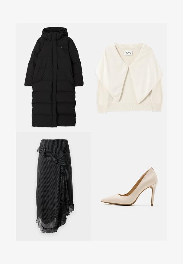 Sort lang pufferjakke med hætte, med en quiltet design, store forlommer og en central lynlås lukning. Enkel stof uden mønstre.; Cremefarvet strikket sweater med bred krave, lange ærmer og ribbet kant. Blød tekstur og minimalistisk design. Mærket siger "TOVE."; Sort omslagsskjørt med hvide striber, flæsekant og blondekant. Fremstillet af letvægtsstof og med et asymmetrisk design.; Beige højhælede pumpe, spids tå, glat læderfinish, slank stiletthæl, minimalistisk design med en subtil detalje bagpå.