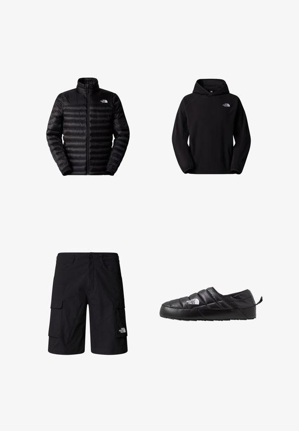 Schwarze isolierte Jacke mit Reißverschluss, hohem Kragen und horizontalem Steppmuster. Verfügt über elastische Bündchen und ein Logo auf der oberen linken Brust.; Schwarzer Fleece-Hoodie mit Kängurutasche, verstellbarer Kapuze und besticktem Logo auf der linken Brust. Weiche Textur und lässige Passform.; Schwarze Cargo-Shorts aus leichtem Stoff, ausgestattet mit zwei Seitentaschen, zwei Cargotaschen und einem Markenlogo am unteren rechten Bein.; Schwarzer Slipper mit gestepptem Design, aus gepolstertem Material gefertigt. Verfügt über eine strukturierten Gummisohle und eine kleine Lasche hinten.