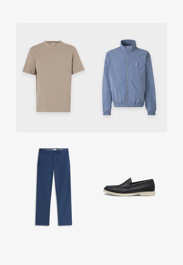 Lyseblå, lynlåset jakke med høj krave, elastiske manchetter og talje. Har et lille logo patch på venstre bryst.; Beige bomulds t-shirt med rund hals, korte ærmer og lige kant. Glat tekstur, minimalistisk design, ingen synlige grafik eller accenter.; Marineblå bukser med lige ben, foran lukning med knap og lynlås, sidelommer og bæltestropper.; Sort læder slip-on loafer med rund tå og lys beige gummisål, vist fra siden på en hvid baggrund.