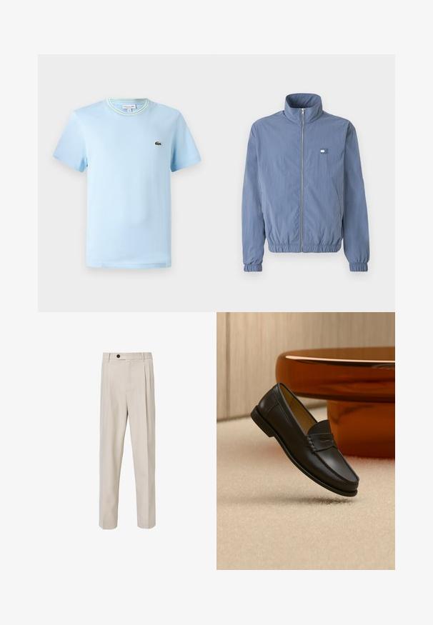 Chaqueta azul claro con cremallera, cuello alto, puños elásticos y cinturilla. Presenta un pequeño parche de logo en el lado izquierdo del pecho.; Camiseta de algodón azul claro con mangas cortas, cuello redondo con un ribete de rayas verdes y blancas, y un pequeño logo bordado en el pecho.; Pantalones beige tailorizados con un diseño de pierna recta, que presentan pliegues en la parte frontal, un cierre de botón y una textura de tela lisa.; Zapato mocasín de cuero negro suspendido sobre una alfombra beige con muebles modernos de color ámbar en el fondo.