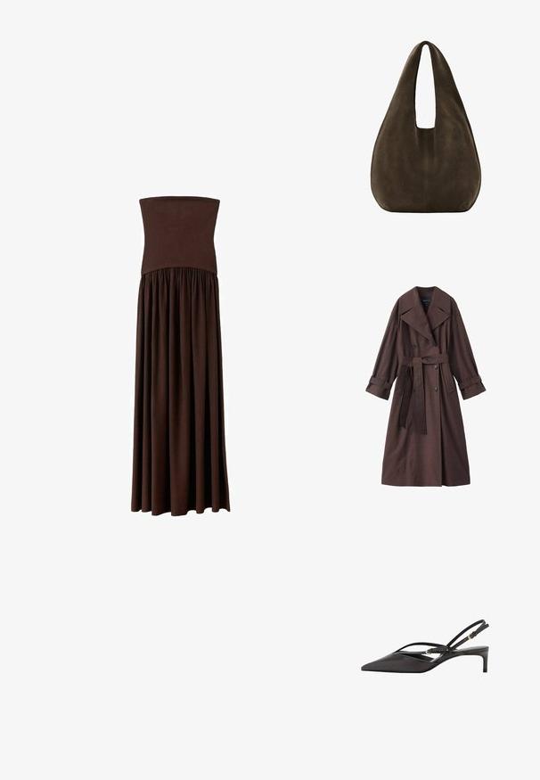 Brun trenchcoat med en tekstureret finish, dobbeltradet design, bred krave, bælte i taljen og rullede manchetter.; Brun strapless maxikjole med et tætsiddende liv og en flydende nederdel lavet af blødt stof, der har et elastisk bånd i taljen for ekstra komfort.; Sort læder slingback pumpe med spids tå, slanke ankelremme og lav stilettohæl. Glat tekstur med minimalistisk design.; Blød, mørkebrun ruskind hobo-taske med en bred enkelt strop og rundet bund på hvid baggrund.