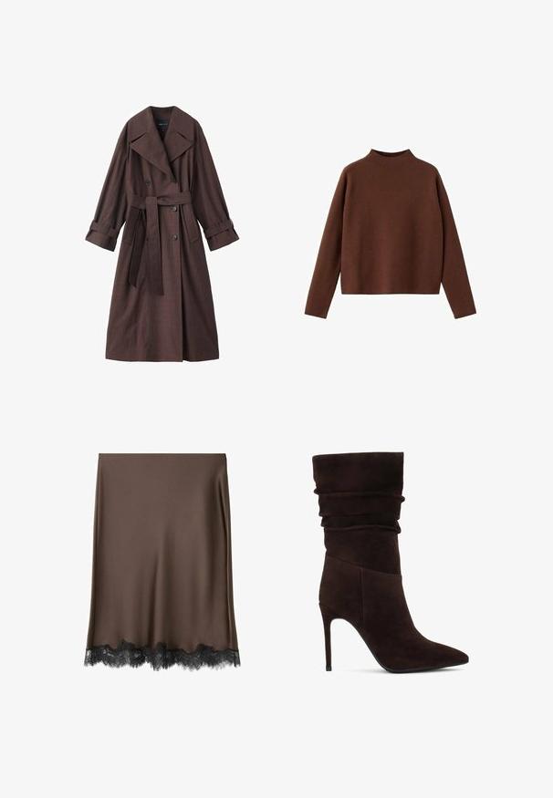 Brauner Trenchcoat mit strukturierter Oberfläche, doppelreihigem Design, breitem Kragen, Taillengürtel und hochgekrempelten Ärmelenden.; Brauner Pullover mit langen Ärmeln und hohem Kragen. Hergestellt aus einem weichen, strukturierten Stoff. Mit lässiger, boxartiger Form und minimalistischem Design.; Brauner Satinstockrock mit schwarzer Spitzenbesatz am Saum. Der Stoff hat eine glatte Textur und ein gerades, knielanges Design.; Braune Wildleder-Ankle Boots mit einem lockeren Schaft, spitzem Zehenbereich und hohem Stiletto-Absatz. Verfügt über eine strukturierte Oberfläche und eine glatte Silhouette.