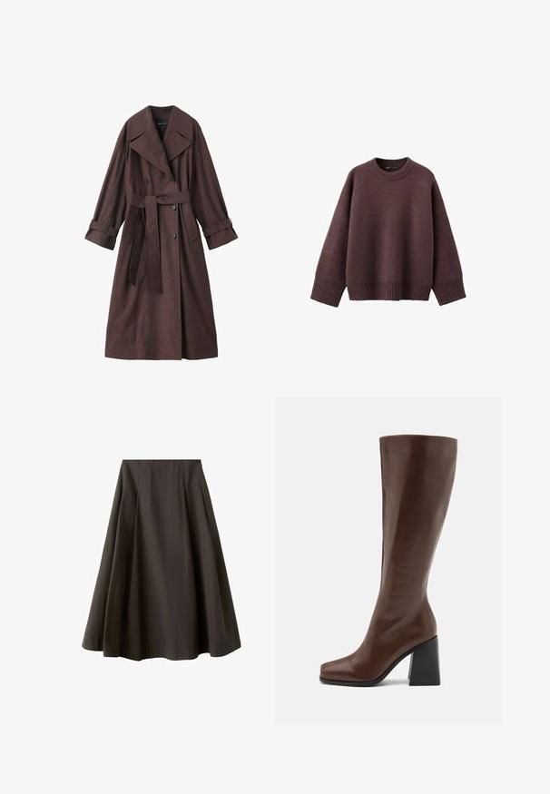 Bruine trenchcoat met een gestructureerde afwerking, dubbelrijks ontwerp, brede kraag, ceintuur in de taille en opgerolde manchetten.; Loszittende trui in donker bordeauxrood, gemaakt van zachte gebreide stof. Voorzien van een geribde ronde hals, brede mouwen en een geribde zoom.; Zwarte A-lijn rok met hoge taille en uitlopende zoom, gemaakt van gladde stof, getoond tegen een witte achtergrond.; RAID RENZO - Laarzen - brown