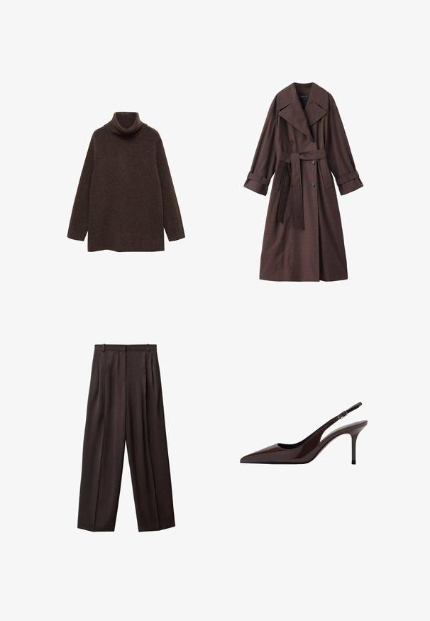 Brun trenchcoat med en tekstureret finish, dobbeltradet design, bred krave, bælte i taljen og rullede manchetter.; Brun turtle neck sweater lavet af blødt strikstof. Har lange ærmer og en afslappet pasform med høj krave for ekstra varme.; Bredde benbukser i mørkebrun stof. Funktioner inkluderer plisseringer foran, en talje med bæltesløjfer og sidelommer. Glat tekstur.; Brune patenteret læder slingback hæle med spids tå, slank hæl og justerbar spænde-rem. Glat tekstur og skinnende finish.