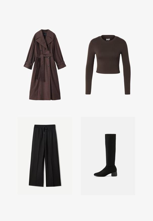 Brun trenchcoat med en tekstureret finish, dobbeltradet design, bred krave, bælte i taljen og rullede manchetter.; Mørkebrun, langærmet, cropped t-shirt med rund hals, tætsiddende pasform og ensfarvet design.; Sorte bukser med bred benvidde lavet af blødt stof. Har en elastisk talje med snøre og to sidelommer. Flad front med plisseringer.; Sort knæhøj støvle med strækmateriale, rundet blokhæl og en let spids tå, set fra siden mod en hvid baggrund.