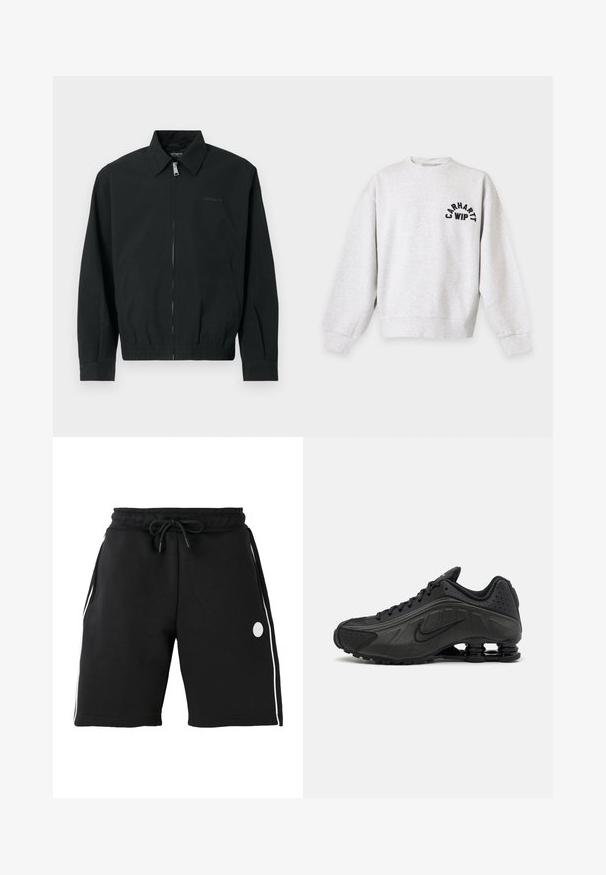 Sort jakke med lynlås foran med metaltræk, klassisk krave, elastisk kant og sidelommer. Fremstillet af glat stof.; Lysegrå crewneck sweatshirt med lange ærmer og sort tekstlogo ""Carhartt WIP"" på venstre bryst.; Sorte knælange shorts med elastisk linning og snøre, hvide verticale sidestriber og lille rundt logo på venstre lår.; Sorte løbesko med en glat syntetisk overdel, perforerede detaljer, teksturerede sidedele og en distinkt fjedrende sål.