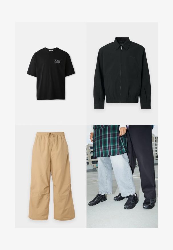 Chaqueta negra con cremallera frontal con tirador metálico, cuello clásico, dobladillo elástico y bolsillos laterales. Fabricada con tela suave.; Camiseta de algodón negra de manga corta con cuello redondo y un logo blanco "XTC VERTERE" en la zona del pecho izquierdo. Textura suave.; Pantalones de pierna ancha beige, hechos de tela ligera, con una cintura elástica y cordón, y detalles cosidos cerca del dobladillo.; Zapatillas deportivas negras con acentos de malla y goma. Combinadas con jeans de pierna ancha de color gris claro y una blusa de cuadros verdes. Fondo de superficie plana.
