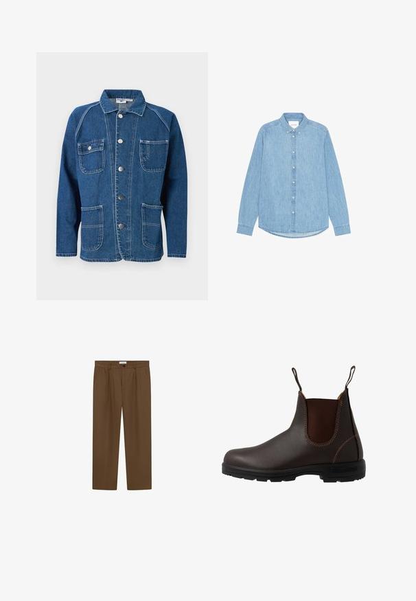 Veste en denim bleu avec col, fermeture à boutons sur le devant, deux poches sur la poitrine et deux poches inférieures avec détails de couture blanche.; Chemise en denim bleu clair à manches longues, avec col pointu et ourlet arrondi. Dotée d'une fermeture à boutons sur le devant et d'un petit logo.; Pantalon tailleur marron en tissu lisse, avec une taille plate, deux poches latérales et une fermeture à un bouton à la taille.; Botte Chelsea en cuir marron avec panneau latéral élastique, coutures marron, languettes de tirage, et une semelle en caoutchouc durable avec un motif texturé.
