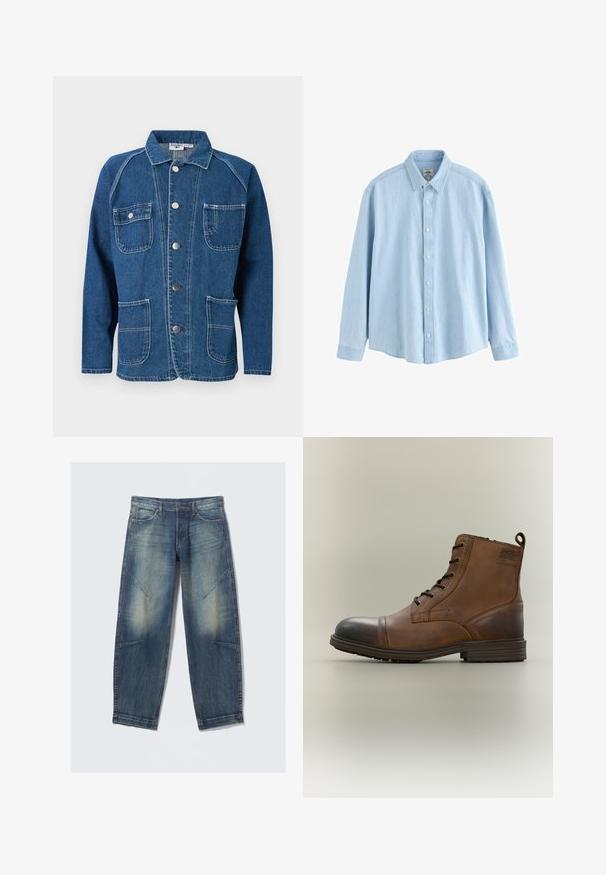 Blå denimjakke med krave, knaplukning foran, to brystlommer og to nederste lommer med hvide syningsdetaljer.; Lyseblå denimskjorte med lange ærmer, knapper og krave, medium størrelse, vist mod en hvid baggrund.; Lyseblå denimjeans med løs pasform, med falmede pletter, frontlommer og diagonale sømdetaljer. Design med lige ben.; Brun læderstøvle med snørebånd, sort tåhætte, rund sål og mærket detalje på siden mod ensfarvet baggrund.