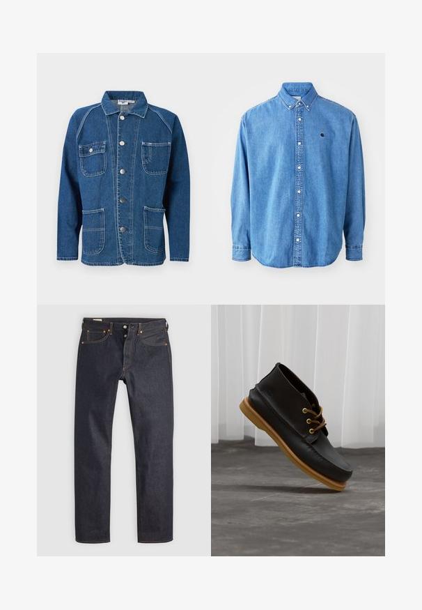 Blauwe spijkerjasje met een kraag, knoopsluiting aan de voorkant, twee borstzakken en twee onderste zakken met witte stikseldetails.; Denim button-up shirt, lichtblauw van kleur, met een puntkraag, lange mouwen en een klein logo op de borst. Voorzien van witte knopen en gestikte naden.; Donkerblauwe spijkerbroek met een rechte pijp, voorzien van oranje stiksel en klassieke vijfzakkenstijl. Knop- en ritssluiting.; Zwarte leren schoenen met een gladde afwerking, ronde neus, bruine veters en lichtbruine rubberen zolen. Logo gegraveerd aan de zijkant.