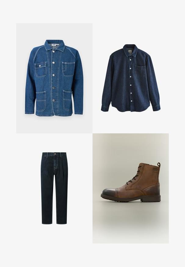 Blaue Jeansjacke mit einem Kragen, vorne mit Knopfleiste, zwei Brusttaschen und zwei unteren Taschen mit weißen Ziernähten.; Dunkelblaues Jeans-Langarmhemd mit Knopfleiste, Kragen und einer einzelnen Brusttasche, dargestellt vor weißem Hintergrund.; Dunkelblaue Denim-Hosen mit lockerer Passform, hoher Taille, Falten, Frontknopfverschluss und goldfarbener Kontrastnaht.; Brauner Leder-Schnürstiefel bis zum Knöchel mit schwarzer Zehenkappe, runder Sohle und Markenlabel an der Seite vor schlichtem Hintergrund.