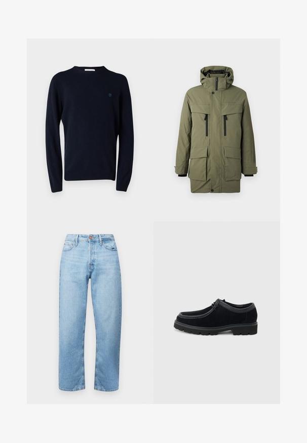 Groene geïsoleerde parka met capuchon, twee verticale ritszakken op de borst, twee klepzakken eronder en verstelbare mouwmanchetten.; Marineblauw gebreid sweater met lange mouwen, ronde halslijn en een klein logo op de borst. Glad textuur en aansluitend ontwerp.; Lichtblauwe denim jeans met een rechte snit, vijf zakken en een knoopsluiting. Gladde textuur en minimale vervaging met gestikte accenten.; Zwarte suède veterboot met dikke rubberen zool en afgeronde neus, zijaanzicht op een lichtgrijze achtergrond.