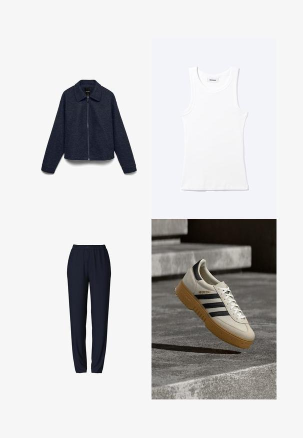 Mørkegrå jakke med lynlås, lange ærmer, spids krave og en let struktureret stof.; Hvid ærmeløs ribstrikket top med rund halsudskæring og en lille label med teksten "WEEKDAY" indeni kraven.; Marineblå sweatpants med elastisk talje, slank benudformning og glat tekstur. Velegnet til afslappet eller atletisk brug.; Beige ruskindsneaker med sorte striber, hvide snørebånd og en gummisål i naturfarve. Har "SPEZIAL"-mærkning på siden.