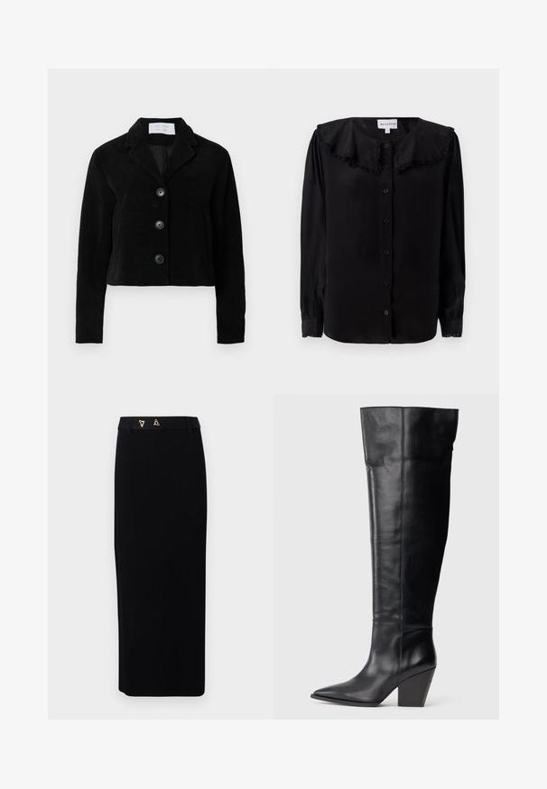 Zwart corduroy cropped jack met een notchkraag, vier knopen aan de voorkant en twee steekzakken aan de zijkant. Getextureerde stof met een gladde voering.; Zwarte blouse met lange mouwen, een rimpelcollar, knopsluiting aan de voorkant en taps toelopende manchetten. Gemaakt van een gladde stof met een subtiele glans.; AERON FORUM - Kokerrok - black; Hoge zwarte leren laars met een spitse neus en een hoge, schuine blokhak, voorzien van verticale stiksels langs de schacht.