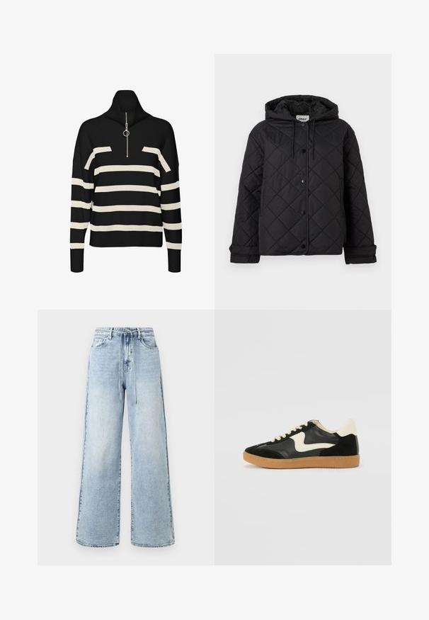 Sort quiltet jakke med hætte, trykknapper foran, sidelommer og justerbare manchetter, designet til varme og afslappet brug.; Sort og creme stribet turtleneck trøje med lynlås i nakken, der har en løs pasform og strikket tekstur. Pyntet med en sølvfarvet hardware detalje.; Lyseblå, vide jeans lavet af denim, med høj talje, snørebåndslukning og fem-lomme design med minimal falmning.; Sorte ruskinds- og lædersneakers med en cremefarvet side-swoosh og lys cremefarvet hæl. Har beige snørebånd og en gummirubber-sål.
