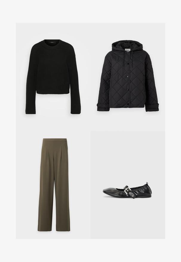 Veste matelassée noire avec capuche, boutons-pression à l'avant, poches latérales et poignets réglables, conçue pour la chaleur et un style décontracté.; Pull en tricot noir avec un col rond et des manches longues. Présente un motif texturé et un design court.; Pantalon kaki large à taille haute, plis devant et ourlets droits, présenté sur un fond blanc uni.; Chaussure plate en cuir noir avec un nez pointu, des détails froncés autour de l'ouverture et un accent en boucle argentée sur la bride ajustable.