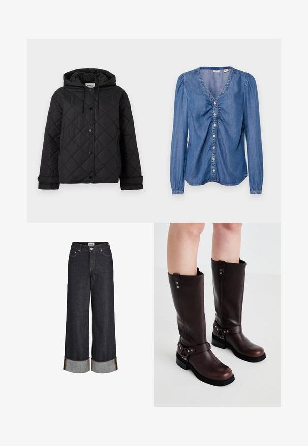 Chaqueta negra acolchada con capucha, botones de presión frontales, bolsillos laterales y puños ajustables, diseñada para brindar calor y un estilo casual.; Blusa de mezclilla, azul, con escote en V y mangas abullonadas, cierre frontal de botones, detalles fruncidos en el busto, textura suave, dobladillo curvado.; Vaqueros azul oscuro de pierna ancha con dobladillos remangados, cinco bolsillos y costuras en contraste de color amarillo.; Botas de cuero marrón hasta la rodilla con una textura suave, que cuentan con una correa ancha y detalles de hardware triangulares, suelas de goma planas.