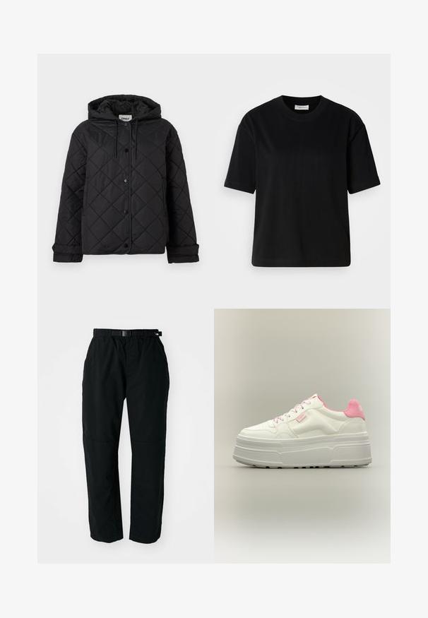 Chaqueta negra acolchada con capucha, botones de presión frontales, bolsillos laterales y puños ajustables, diseñada para brindar calor y un estilo casual.; Camiseta de algodón negra de manga corta, con un escote redondo y un corte relajado. Textura suave y diseño minimalista sin patrones ni acentos visibles.; Pantalones ligeros negros con cinturilla elástica y cinturón ajustable. Cuentan con piernas estrechas y paneles de rodilla reforzados para mayor durabilidad.; Zapatilla de plataforma blanca con detalles en rosa, suela gruesa y texturizada y cordones rosas, mostrada de lado sobre un fondo neutro.