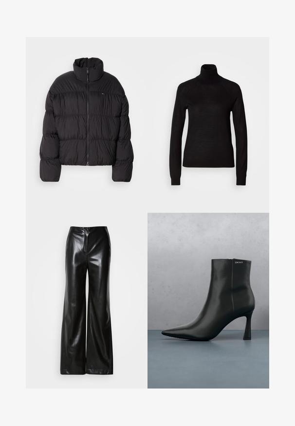 Schwarze Steppjacke mit hohem Kragen, Reißverschluss und horizontalen Steppnähten. Hergestellt aus leichtem, glattem Stoff.; Schwarzer Rollkragenpullover aus leichtem Strickmaterial. Mit langen Ärmeln und einer figurbetonten Silhouette mit Raglanärmeln.; Schwarze Lederweite-Hosen mit glatter Textur, hohem Bund und verdecktem Reißverschluss an der Vorderseite. Maßgeschneiderte Passform mit sauberem Finish.; Schwarze Leder-Stiefelette mit spitzem Zehenbereich und einem geometrischen Absatz. Verfügt über dezente Branding-Elemente und eine glatte Textur. Der Hintergrund zeigt strukturierte Fliesen.
