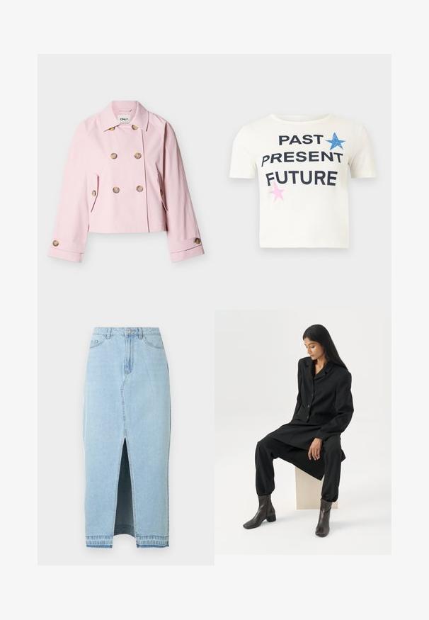 Vaaleanpunainen, kaksirivinen, lyhyt jakku, jossa on kuusi ruskeaa nappia, kaksi etutaskua läpillä ja kaulus, valkoisella taustalla.; Valkoinen lyhythihainen crop-top, jossa mustalla tekstillä sanat "PAST", "PRESENT" ja "FUTURE", sininen tähti lähellä "PAST"-tekstiä ja vaaleanpunainen tähti lähellä "FUTURE"-tekstiä.; Vaaleansininen farkkuhame, jossa on etuslitsi ja vyötärönauha. Perinteinen viiden taskun malli ja metallinen nappikiinnitys.; Pitkähiuksinen tummahiuksinen nainen istuu, hänellä on yllään löysä musta bleiseri, sopivat leveälahkeiset housut ja tummat nilkkurit, yksinkertaisen valkoisen taustan edessä.