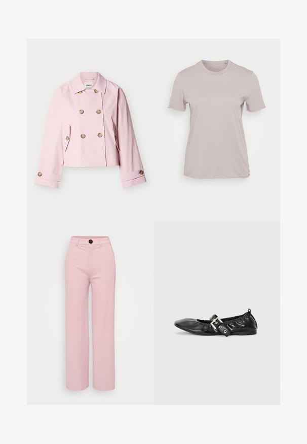 Hellrosa doppelt geknöpfte, kurz geschnittene Jacke mit sechs braunen Knöpfen, zwei vorderen Pattentaschen und Kragen auf weißem Hintergrund.; Helle beige Kurzarm-T-Shirt aus Baumwolle, mit Rundhalsausschnitt und lockerer Passform, glatter Textur und ohne sichtbare Muster.; Helle rosa weite Hose mit glatter Textur, ausgestattet mit einem schwarzen Knopf und einem klassischen Taillendesign. Keine zusätzlichen Taschen sichtbar.; Schwarze Leder-Ballerinas mit spitzem Zehenbereich, gerafften Details am Schaft und einem silbernen Schnallenakzent am verstellbaren Riemen.