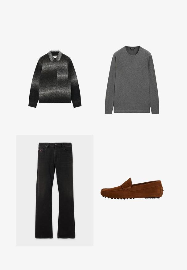 Sort og grå gradient skjortejakke lavet af filtet uld, med krave, brystlomme og tekstureret overflade.; Langærmet, ensfarvet grå rundhalset sweater lavet af blødt stof, vist fladt med synlig mærkeetiket inde i halsen.; Sorte denim jeans med lige ben, fem lommer og knappelukning, der viser let falming på lårene og knæene.; Brune ruskinds loafers med et mokkasin-design, der har en syet detalje langs overdelen og en gummisål med små grebspidser.
