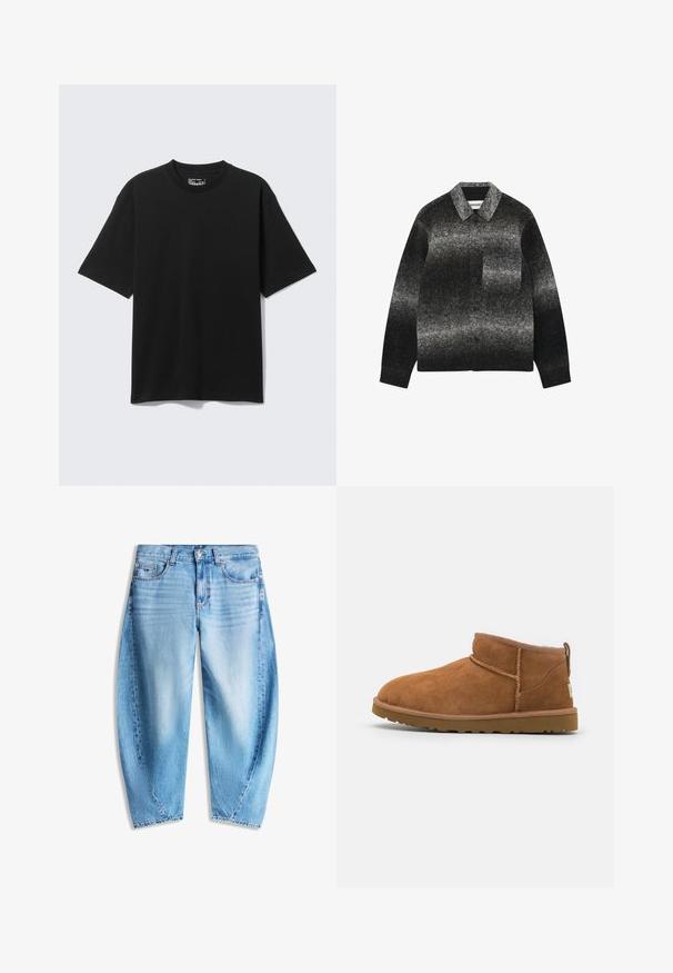 Zwart en grijs gradient overhemdjack van viltwol, met een kraag, borstzak en een textuurovervlak.; Zwart T-shirt met korte mouwen, losse pasvorm en ronde hals, plat afgebeeld op een lichtgrijze achtergrond.; Lichtblauwe spijkerbroek met een ontspannen pasvorm, vijf zakken, knoopsluiting en subtiele vervaging op de voorkant van de dijen.; Tan suède enkellaars met een ronde neus, subtiele stiksels en een gestructureerde rubberen zool. Korte hoogte zonder veters.