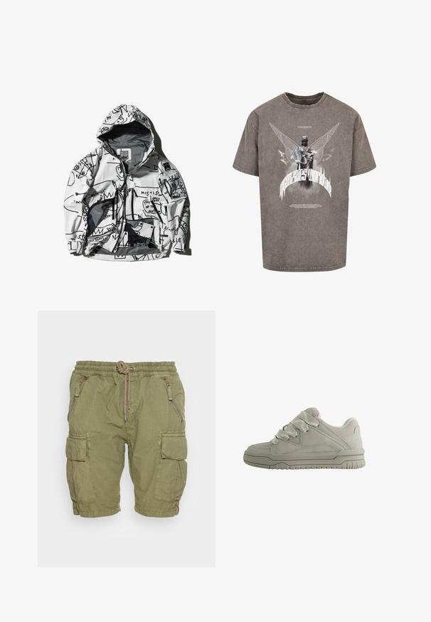 Hvid jakke med sorte grafiske mønstre. Har hætte, lynlåslommer og et let, vandafvisende materiale.; Grå oversized t-shirt lavet af bomuld, med et grafisk tryk af en vinget statue og stiliseret tekst på forsiden.; Olivenfarvede cargo shorts lavet af letvægtigt stof, med elastisk talje, snor til lukning og flere lommer med lynlåse.; Lav-snit grå sneaker med tykke teksturerede snørebånd, polstret krave, syninger i panelerne og en rilled gummisål for greb.