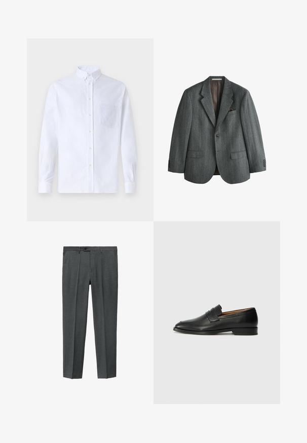 Grau melierter Fischgräten-Blazer aus strukturiertem Stoff, mit einem Reverskragen, zwei Fronttaschen, einer Brusttasche mit einem braunen Einstecktuch und geknöpften Manschetten.; Weißes Langarm-Hemd mit Knöpfen aus Baumwolle, ausgestattet mit einer Brusttasche mit tonalem Stickerei, einem Kragen und Knopfmanschetten.; Grau, maßgeschneiderte Hose mit glatter Textur, einzelnen Vorderfalten und Knopfverschluss. Mit geraden Beinen und Seitentaschen.; Schwarze Leder-Slipper mit runder Zehenform, dezenten gestickten Details und niedrigem Absatz, ausgestattet mit glatter Textur und minimalistischem Design.