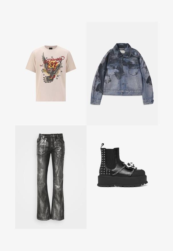 Denimjakke med et to-farvet design i et blåt og sort abstrakt mønster, langeærmer, to brystlommer og klassisk krave.; Beige bomulds t-shirt med et stort ørnergrafik med røde og gule accenter, "Ed Hardy" tekst og stjerner i et struktureret printdesign.; Sorte denim flared bukser med en skinnende sølvfinish, der har fire lommer og synlige sømme. Teksturen viser en børstet, metallisk effekt.; Sort platformstøvle med sølvnitter, kædedetaljer og en hvid kranie dekoration på frontpanelet.