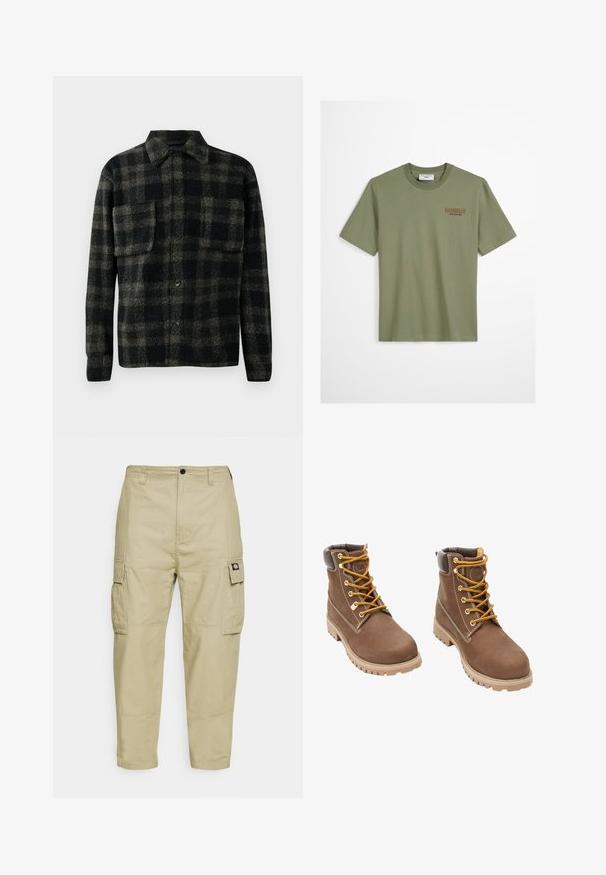 Chaqueta de camisa a cuadros en negro y marrón con una textura suave, que presenta un cuello, cierre de botones y dos bolsillos en el pecho.; Camiseta de algodón verde oliva con mangas cortas, cuello redondo y "Howdy" bordado en marrón en el lado izquierdo del pecho. Textura suave, corte casual.; Pantalones cargo beige hechos de una tela duradera, con dos bolsillos laterales, cierre de botón y piernas ajustadas con una textura suave.; Botas de trabajo de cuero marrón con cordones amarillos, cuello acolchado, suela rugosa y costuras en contraste. Punta reforzada y detalle del logo en la lengüeta.