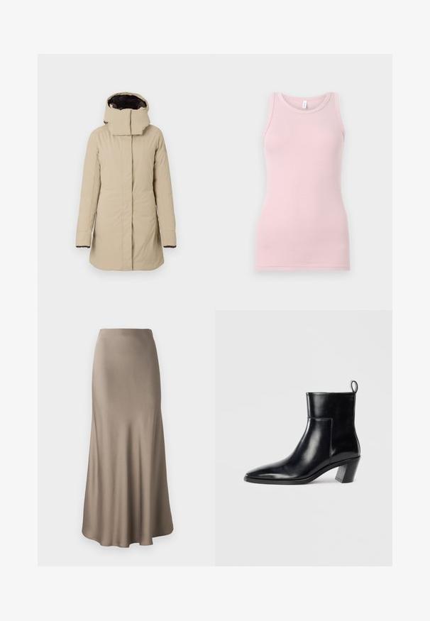 Beige eristetty takki, jossa on korkea kaulus ja huppu, vetoketjukiinnitys edessä, pitkät hihat ja sileä pinta. Sisävuori on tummanruskea.; Vaaleanpunainen tanktoppi, joka on valmistettu pehmeästä ja joustavasta kankaasta. Siinä on pyöreä pääntie ja kapeat olkaimet, sekä sileä pinta ja tyköistuva muoto.; Pitkä ruskea satiinihame, jossa on sileä rakenne, virtaava siluetti ja hieman levenevä helma. Ei näkyviä varusteita tai kuvioita.; Musta nahkainen nilkkuri, jossa on terävä kärki, geometrinen pinoettu korko ja vetotappi takana. Sileä pinta ja tyylikäs muotoilu.
