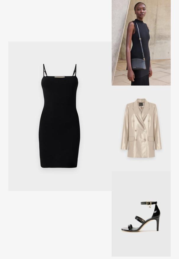 Beiger metallic-farbener, doppelt geknöpfter Blazer mit sechs Knöpfen, Schulzerschnitt und zwei Pattentaschen, flach auf weißem Hintergrund liegend dargestellt.; Schwarzes geripptes Strickkleid mit dünnen verstellbaren Trägern und geradem Ausschnitt. Figurbetonte Form, minimalistisches Design und keine sichtbaren Muster oder Akzente.; Schwarze Lackleder-Sandale mit drei Riemen, Knöchelriemen und 10 cm hohen Stiletto-Absatz. Verfügt über goldfarbene Hardware-Details und ein Logo-Charm.; Junge Frau in einem ärmellosen schwarzen Kleid, die eine schwarze Leder-Umhängetasche trägt, steht vor einem hellen Betonwand-Hintergrund.