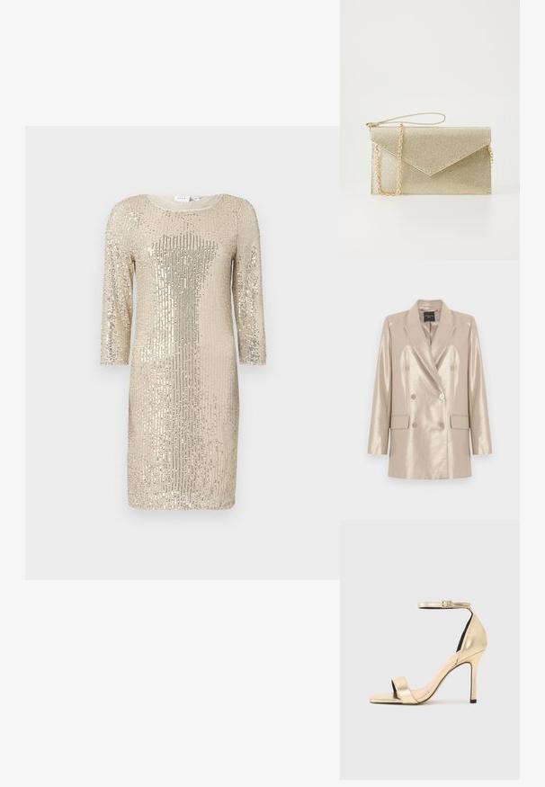 Blazer beige métallisé à double boutonnage avec six boutons, revers à cran, et deux poches à rabat, présenté à plat sur un fond blanc.; Robe pailletée en or clair avec des manches longues, un col rond et une silhouette ajustée. Présente une texture scintillante et un motif vertical.; Sandale à talons hauts métalliques dorés avec une fine bride cheville, bout ouvert et un design épuré. Présente une texture lisse et des détails minimalistes.; Pochette en maille dorée avec un rabat triangulaire, une bandoulière en chaîne et une finition lisse. Forme rectangulaire compacte avec un léger éclat.