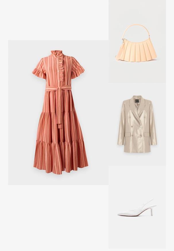 Beige metallinhohtoinen kaksirivinen bleiseri, jossa on kuusi nappia, pikkutakinkaulukset ja kaksi läppätaskua, esillä valkoisella taustalla litteänä.; Raidallinen midi-mekko vaaleanpunaisena ja béženä, jossa on röyhelökaulus, lyhyet hihat, nappisuljenta ja vyötäröllä kiristysremmi sekä kerroksellinen hame.; Valkoinen nahkainen naisten slingback-kenkä, jossa on terävä kärki, matala kitten-korko ja pieni koristeellinen rusetti päällä, esitetty sivuprofiilissa.; Beige värinen laskostettu käsilaukku, jossa pyöreä kahva ja irrotettava olkahihna, esillä yksiväristä vaaleaa taustaa vasten.