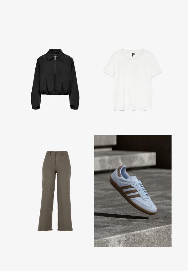 Veste noire légère et courte avec fermeture éclair argentée intégrale à l'avant, large col et manches longues avec poignets élastiques.; T-shirt blanc à manches courtes avec un col rond, fabriqué en tissu léger. Design simple, texture lisse et ourlet droit.; Pantalon large taille haute vert olive avec fermeture par bouton et fermeture éclair, passants de ceinture et ourlets effilochés.; Baskets bleu clair avec accents en daim marron, présentant trois bandes latérales, des lacets plats et une semelle en gomme texturée. Logo de la marque sur la languette.