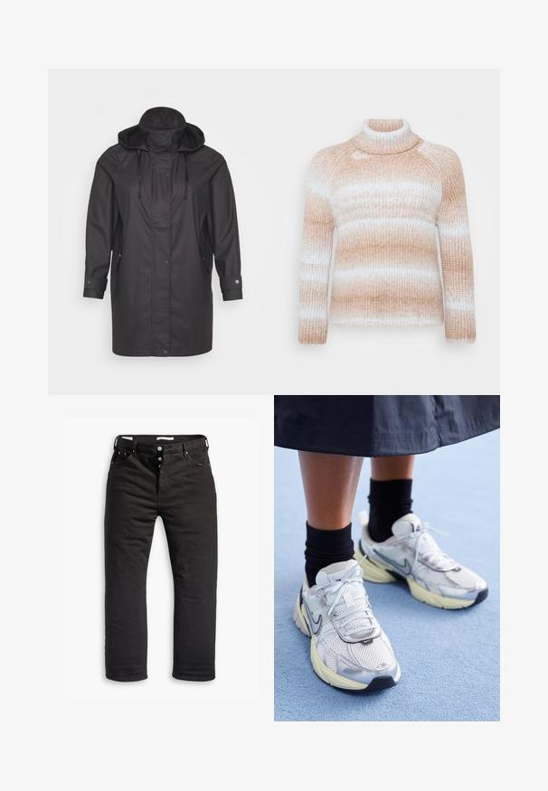 Sort vandtæt regnjakke med hætte, udstyret med trykknapper og sidelommer, præsenteret mod en hvid baggrund.; ONLY Carmakoma CARDITTE ROLLNECK - Striktrøje - cloud blue/tobacco brown; Sorte denim jeans med lige ben, med knaplukning, fem lommer og diskrete syninger. Glat tekstur.; Hvide og sølv Nike sneakers med mesh-stof, reflekterende detaljer og en beige sål. Bæres med sorte sokker og står på en blå overflade.
