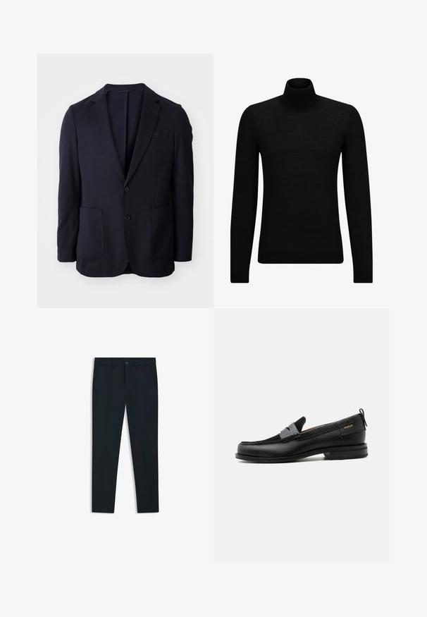 Marineblazer met een twee-knops sluiting, notch revers, twee voorzakken en een zachte textuur. Rechte snit zonder zichtbare patronen of accenten.; Zwarte coltrui van zacht materiaal, met lange mouwen en een snug fit. Geribbelde afwerking aan de onderkant en mouwen. Eenvoudig ontwerp.; Marineblauwe, op maat gemaakte broeken van een gladde stof; voorzien van steekzakken, riemlussen en een knoopsluiting. Rechtaf lopend ontwerp.; Zwarte leren loafer met grijs riemdetailelement, lage hak en gestructureerde zool, aan de zijkant gebrandmerkt met "HUGO" in goud.
