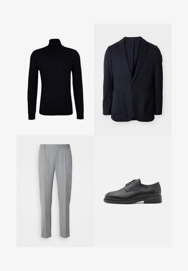 Blazer navy con frente de dos botones, solapas de muesca, dos bolsillos delanteros y una textura suave. Corte recto sin patrones ni acentos visibles.; Suéter negro de cuello alto en un tejido de punto suave. Presenta mangas largas, un cuello ajustado y puños y dobladillo acanalados para un ajuste ceñido.; Pantalones grises a medida con una textura suave, que cuentan con un frente plano, piernas rectas y pliegues sutiles para un detalle adicional.; Zapato oxford de cuero negro con punta redonda, que presenta un acabado suave, cierre de cordones con cinco ojales y un tacón bajo apilado.
