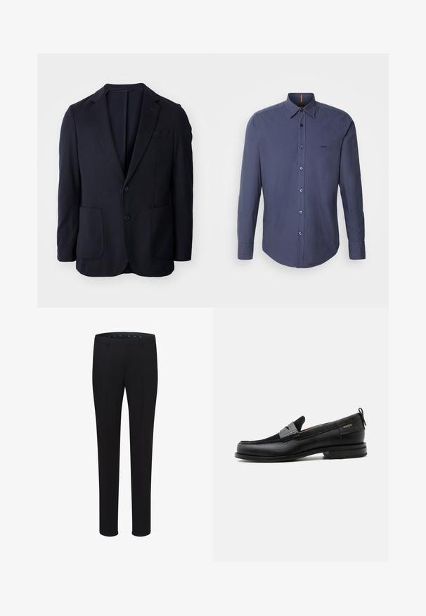 Blazer navy avec un devant à deux boutons, des revers à cran, deux poches avant et une texture douce. Coupe droite sans motifs ni accents visibles.; Chemise à manches longues bleu foncé, boutonnée, en coton, avec un col classique, un ourlet arrondi et une broderie de logo sur la poitrine.; Pantalons noirs ajustés avec une texture lisse, une coupe droite et des passants de ceinture. Présentent une coupe classique sans motifs ni accents visibles.; Mocassin en cuir noir avec détail de bride grise, talon bas et semelle texturée, marqué "HUGO" en or sur le côté.