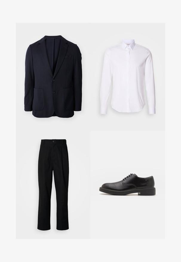 Blazer navy avec un devant à deux boutons, des revers à cran, deux poches avant et une texture douce. Coupe droite sans motifs ni accents visibles.; Chemise blanche à manches longues avec col classique, devant boutonné et texture lisse. Dotée d'un ourlet incurvé et de poignets à un bouton.; Pantalons noirs à jambes droites avec une taille à bouton, passants de ceinture et pli avant, présentés sur un fond blanc uni.; Chaussure noire en cuir à lacets avec un embout arrondi, texture lisse, piqures minimales et un petit talon en caoutchouc. Logo sur le talon.