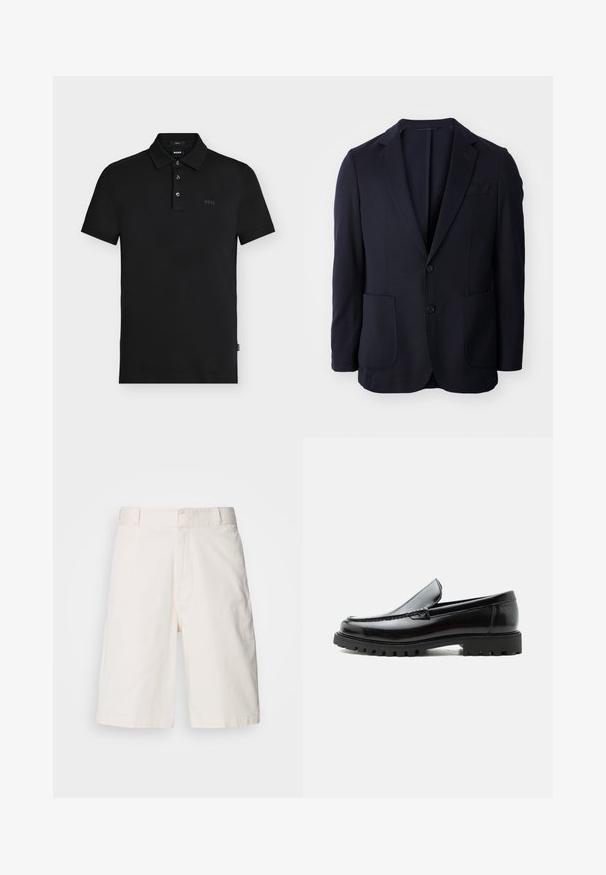 Marineblazer med to-knaps lukning, klapkrave, to forlommer og en blød tekstur. Lige snit uden synlige mønstre eller detaljer.; Sort slim-fit polo skjorte med tre knapper, korte ærmer og diskret "BOSS" logo på brystet og indersiden af kraven.; Hvide bomuldsshorts med en afslappet pasform, der har to forlommer, lynlås og en glat tekstur. Renset, enkelt design uden mønstre.; Sort læderloafer med chunky gummisål, syet overdel og præget mærkenavn på hælen, vist i sideprofil på hvid baggrund.