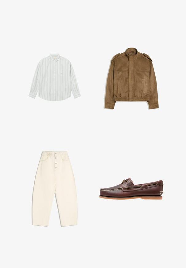 Veste bomber en daim marron avec fermeture éclair à l'avant, ceinture élastique, détails à rabat sur les épaules, et deux poches latérales verticales.; Chemise blanche à manches longues avec des rayures verticales gris clair et une poche poitrine, présentée à plat sur fond blanc.; Pantalon crème taille haute, jambes larges, fermeture à boutons à l'avant, avec poches latérales et arrière, sur fond blanc.; Chaussure bateau en cuir marron avec coutures blanches, détails de lacets et semelle en caoutchouc beige, vue de côté sur fond blanc.