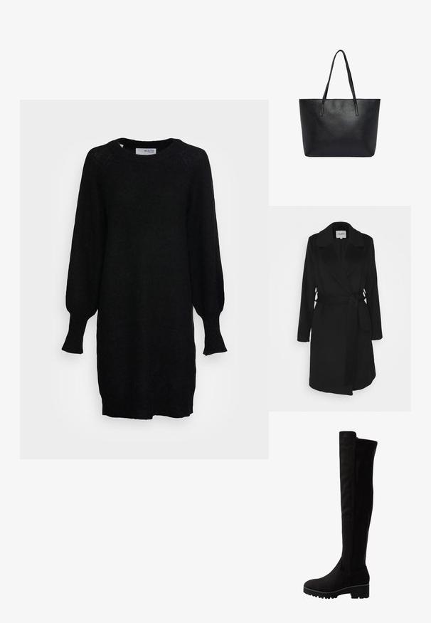 Zwarte wikkelmantel met een sjaalkraag, lange mouwen en een zelfbindende riem. Heeft een gladde stof en zijopeningen voor extra detail.; Selected SLFLULU DRESS O NECK - Gebreide jurk - black; Zwarte over-de-knie laarzen van zachte suede met een platte zool, voorzien van een ronde neus en elastische zijpanelen voor gemakkelijk aan- en uittrekken.; Zwarte leren draagtas met textuur, twee lange schouderbanden, rechthoekige vorm en open bovenkant.