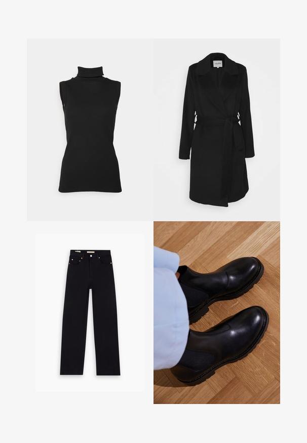 Abrigo negro con cuello chal, mangas largas y cinturón autoadherente. Presenta un tejido suave y cortes laterales para un acabado adicional.; Top negro sin mangas de cuello alto hecho de tela acanalada, con un cuello alto y una silueta ajustada. Textura suave con un diseño mínimo.; Jeans de mezclilla negros con corte recto, cinco bolsillos, herrajes de cobre y una textura suave. Dos etiquetas visibles en la cinturilla.; Botas negras de tobillo hechas de cuero suave con paneles laterales elásticos, una suela de goma texturizada y costuras en contraste a lo largo del borde.