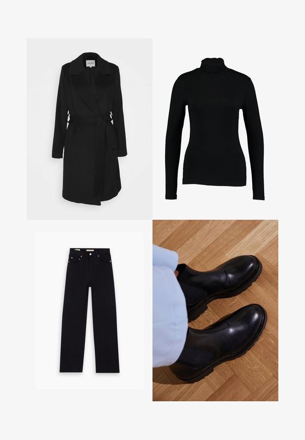 Sort indpakningsfrakke med sjalskrave, lange ærmer og selvbindende bælte. Har glat stof og sideslids for ekstra detalje.; Sort langærmet turtleneck top lavet af glat stof, med et tætsiddende design og høj hals, velegnet til lag-på-lag brug eller som en selvstændig beklædningsgenstand.; Sorte denim jeans med lige pasform, fem lommer, kobberdetaljer og en glat tekstur. To mærker synlige på taljebåndet.; Sorte ankelstøvler lavet af glat læder med elastiske sidepaneler, en tekstureret gummisål og kontraststing langs kanten.