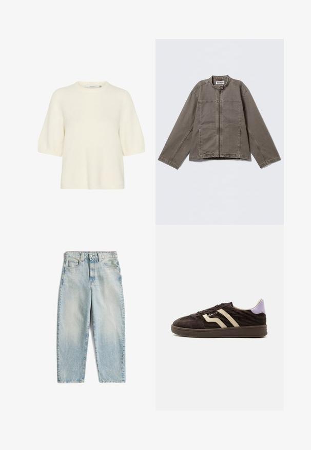Brun casual jakke med lange ærmer, foran lynlås, stående krave med trykknap og sidelommer, lagt fladt på en lys baggrund.; Kortærmet sweater med rund hals lavet af blødt, fluffy materiale i off-white. Har en afslappet pasform med ribbede cuffs og kant.; Lysblå denim jeans med høj talje, lige ben design, falmet tekstur og fem lommer, med en frontknap og lynlås lukning.; Mørkebrun kordfløjls-sneaker med beige sidelommer, snøredesign, lilla hælflap og gummisål mod en hvid baggrund.
